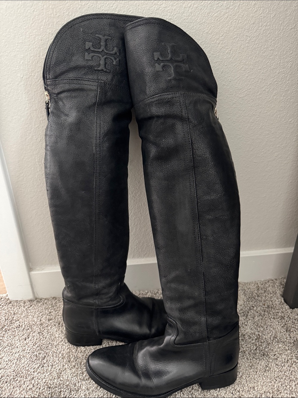 Tory Burch Black Leather Over-The-Knee Riding Boots with Logo Detail